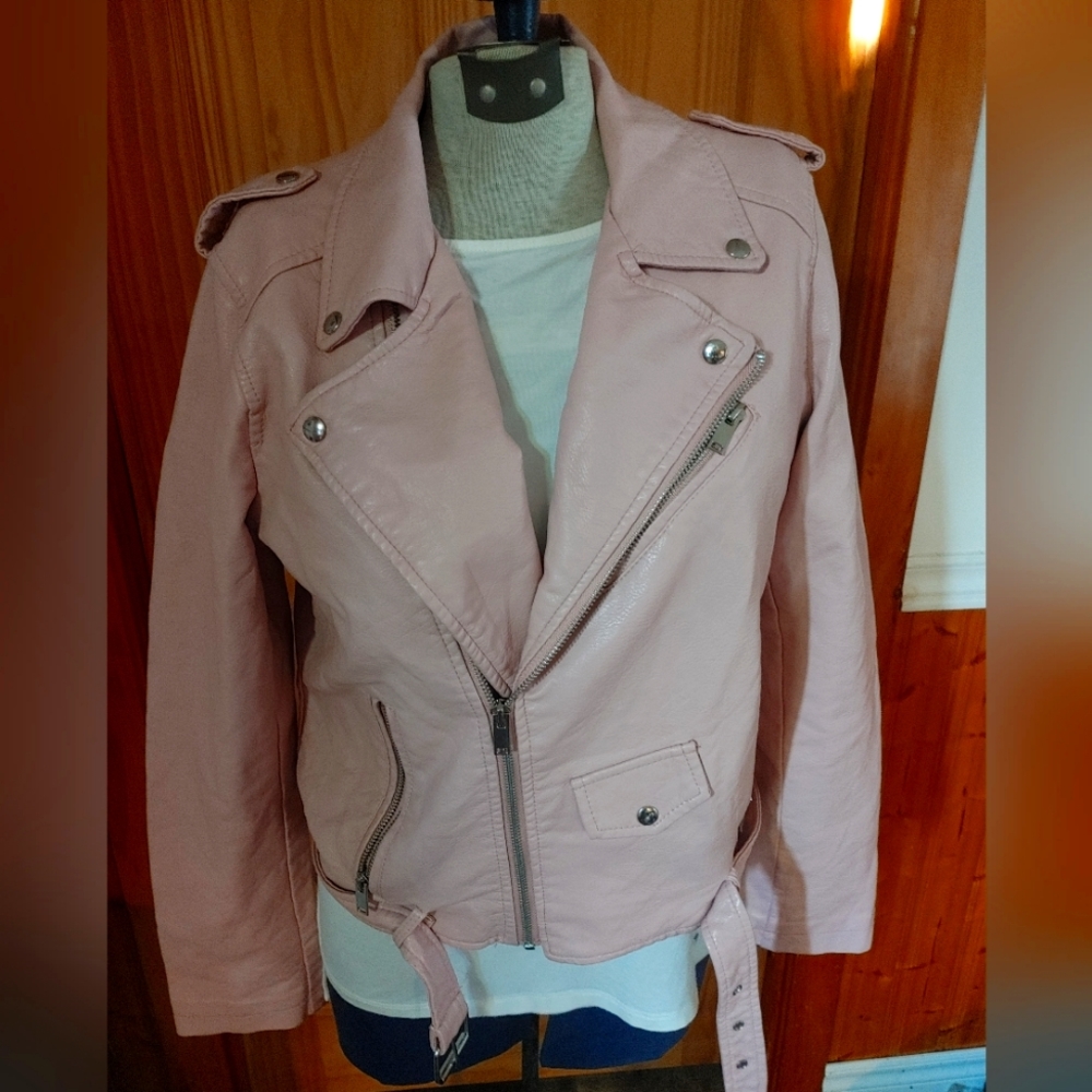 PINK pleather biker style jacket with zippers straps buttons faux leather + belt